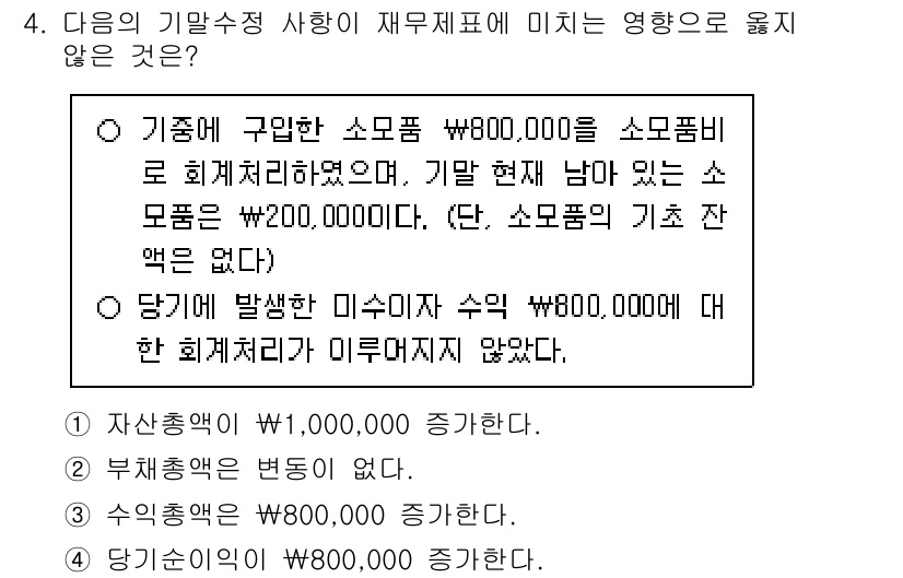 9급_국가직_공무원_회계원리 2025년 4번 - 기금의 기말 재무제표에 미치는 영향은 소모품 구입에 따른 자산 증가와 관... 에 관한 핵심 기출문제