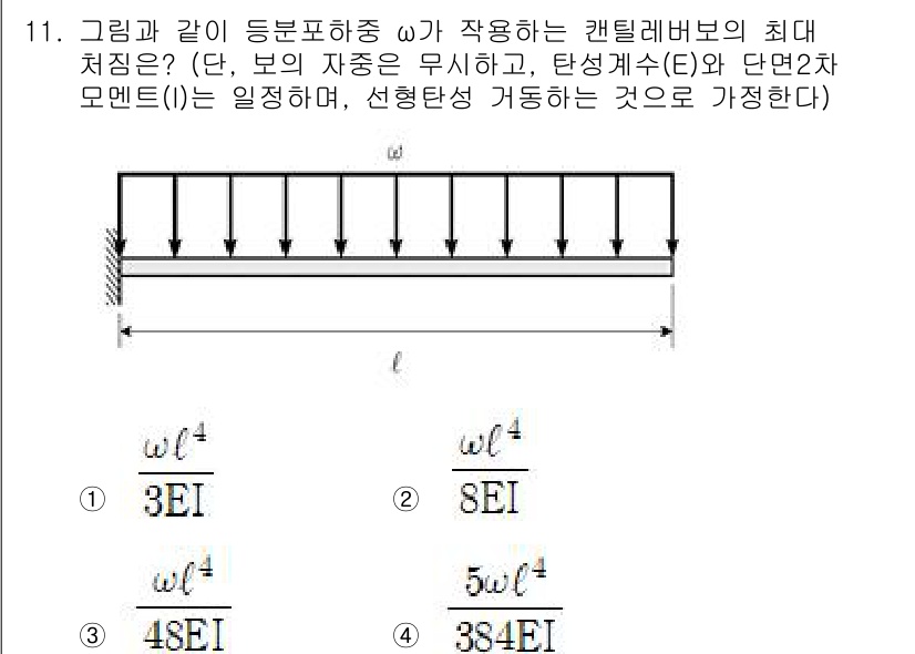 9급_지방직_공무원_건축구조 2024년 11번 - 캔틸레버보드의 최대 처짐은 하중과 보의 기하학적 특성에 비례하여 결정되며... 에 관한 핵심 기출문제