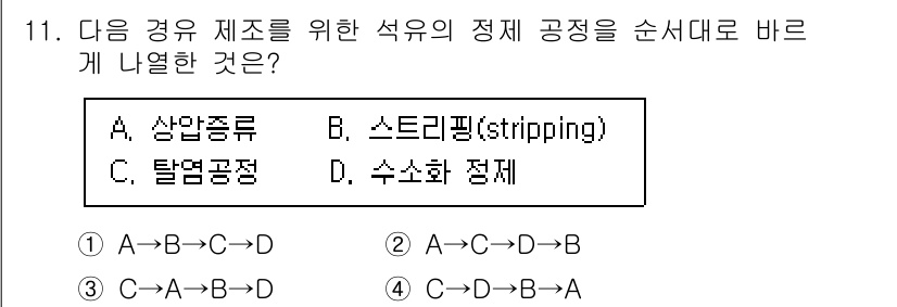 9급_지방직_공무원_공업화학 2024년 11번 - 탈염공정(탈염→산암종류→스트리핑→수소화) 순서로 진행되며, 먼저 염분을 ... 에 관한 핵심 기출문제