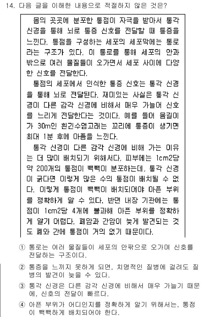 9급_지방직_공무원_국어 2024년 14번 - 통증이 강할 경우 영향을 미칠 수 있지만, 특정 통증이 아닌 전반적인 통... 에 관한 핵심 기출문제
