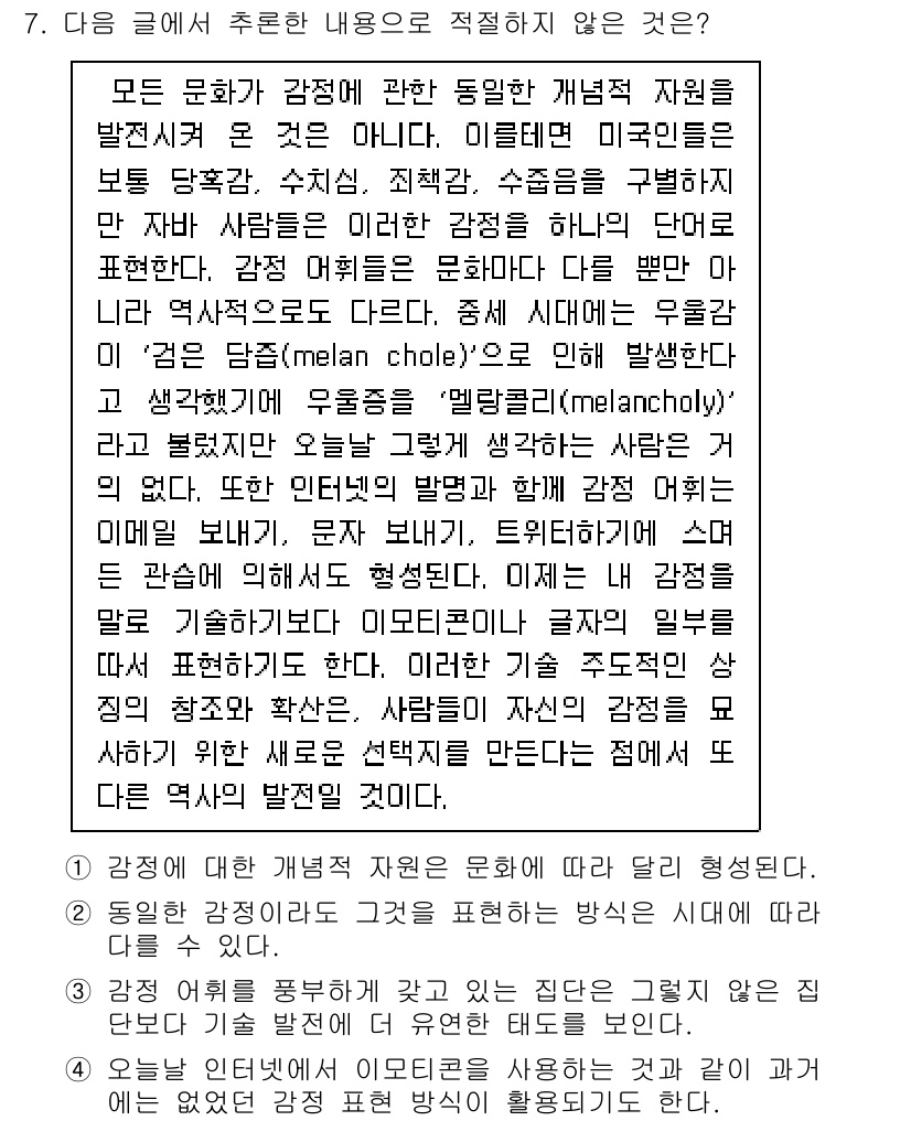 9급_지방직_공무원_국어 2024년 7번 - 이 글은 문화가 감정의 변화를 어떻게 이끄는지를 다루고 있다. 특히 감정... 에 관한 핵심 기출문제