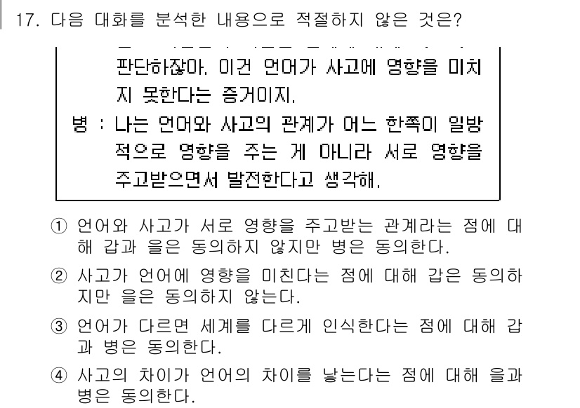 9급_지방직_공무원_국어 2025년 17번 - 이 선택지는 언어와 사고의 관계에 대한 일반적인 해석을 넘어서, 두 요소... 에 관한 핵심 기출문제