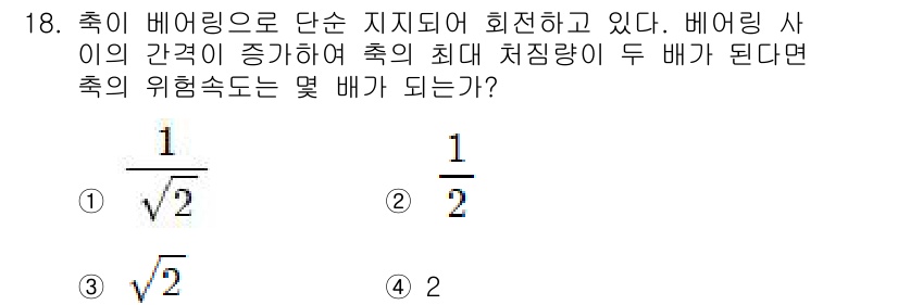 9급_지방직_공무원_기계설계 2024년 18번 - 축이 베어링으로 단순 지지되어 회전하는 경우, 축의 최대 처짐량은 베어링... 에 관한 핵심 기출문제