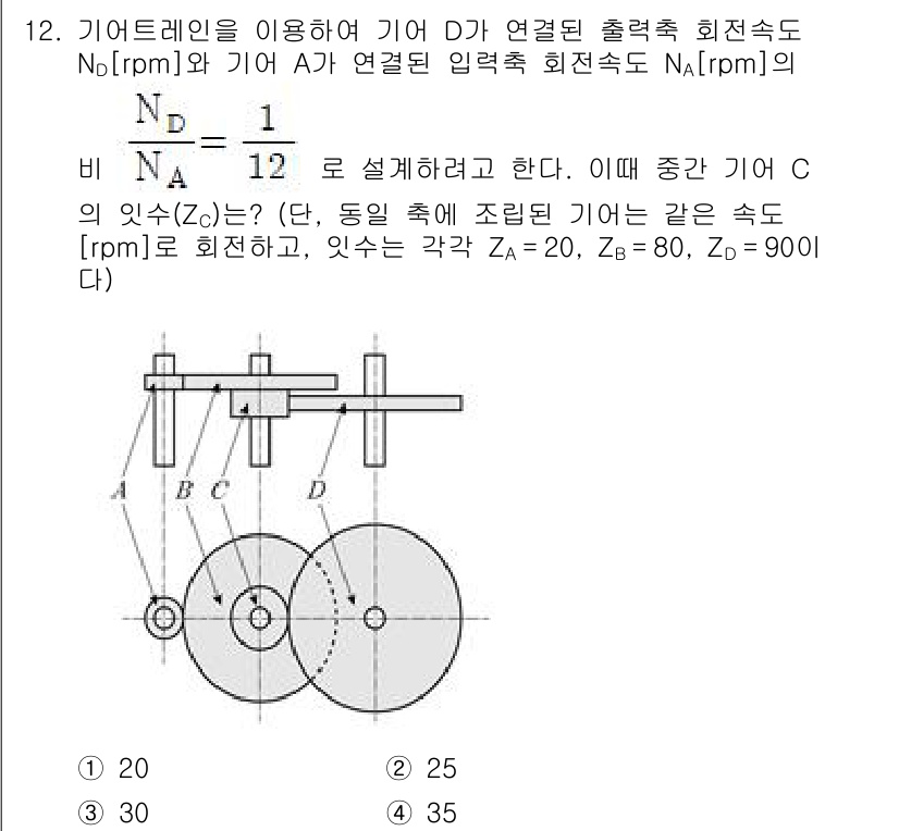 9급_지방직_공무원_기계설계 2025년 12번 - 기어 D의 출력 회전 속도 \( N_D \)는 기어 A의 입력 회전 속도... 에 관한 핵심 기출문제