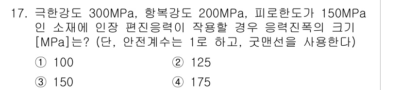 9급_지방직_공무원_기계설계 2025년 17번 - 이 문제에서는 극한강도, 항복강도, 피로한도를 고려하여 응력집중계를 적용... 에 관한 핵심 기출문제