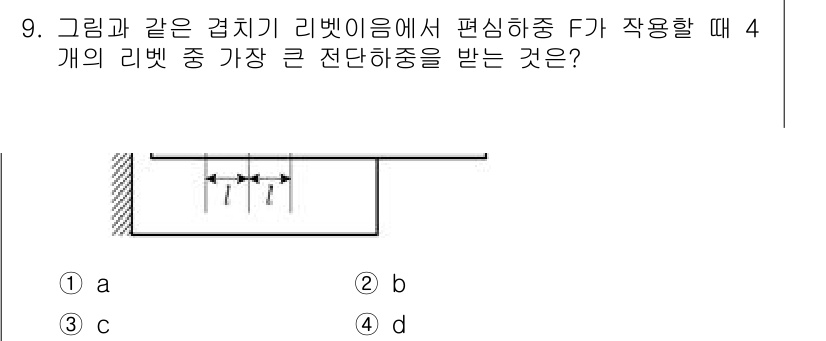 9급_지방직_공무원_기계설계 2025년 9번 - 리벳의 강도는 주로 전단하중에 따라 결정되며, 그림에서 리벳에 작용하는 ... 에 관한 핵심 기출문제