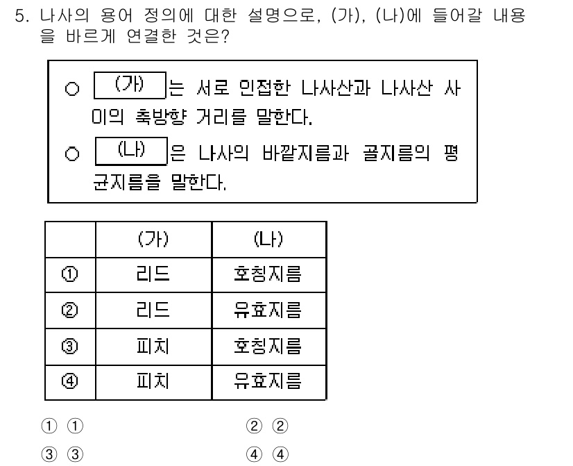 9급_지방직_공무원_기계일반 2024년 5번 - 문제에서 (가)와 (나)의 설명은 각각 나사산과 나사산 사이의 축 방향 ... 에 관한 핵심 기출문제