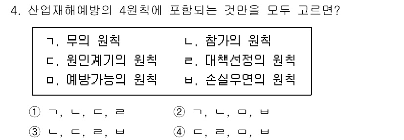 9급_지방직_공무원_안전관리론 2024년 4번 - 4번 문제의 정답은 '4. 모든 것'입니다. 산업재해예방의 4원칙은 무위... 에 관한 핵심 기출문제