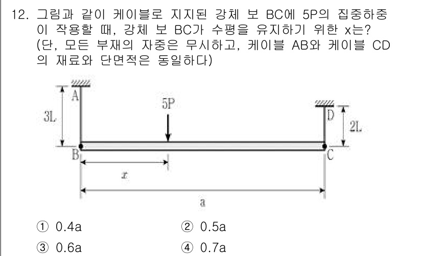 9급_지방직_공무원_응용역학개론 2024년 12번 - 이 문제에서 강체 BC가 수평을 유지하기 위해서는 케이블 AB와 CD의 ... 에 관한 핵심 기출문제