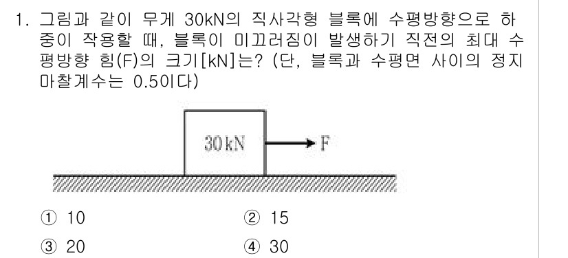 9급_지방직_공무원_응용역학개론 2025년 1번 - 직사각형 블록이 수평 방향으로 움직일 때, 마찰력은 블록의 하중과 마찰계... 에 관한 핵심 기출문제