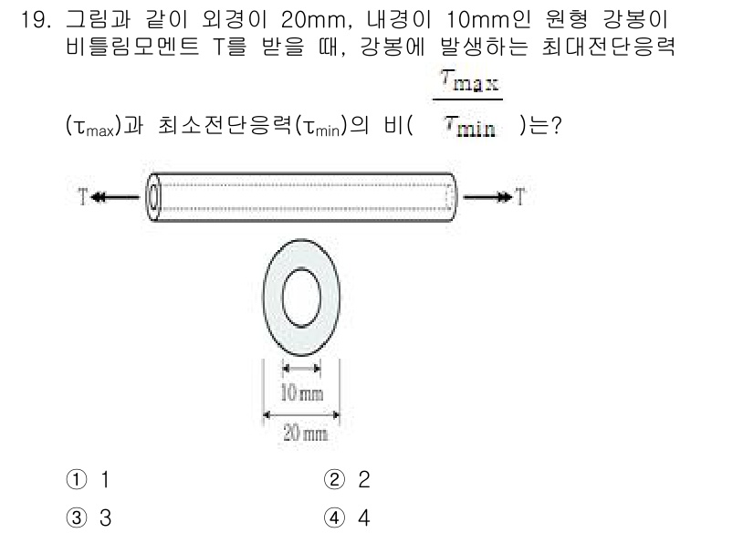 9급_지방직_공무원_응용역학개론 2025년 19번 - 외경이 20mm, 내경이 10mm인 원형 강봉의 최대 전단응력은 하중에 ... 에 관한 핵심 기출문제