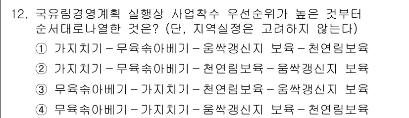 9급_지방직_공무원_임업경영 2024년 12번 - 유식물과 수목의 순서가 높은 정도에 따라 관리할 수 있는 자원의 효율성을... 에 관한 핵심 기출문제