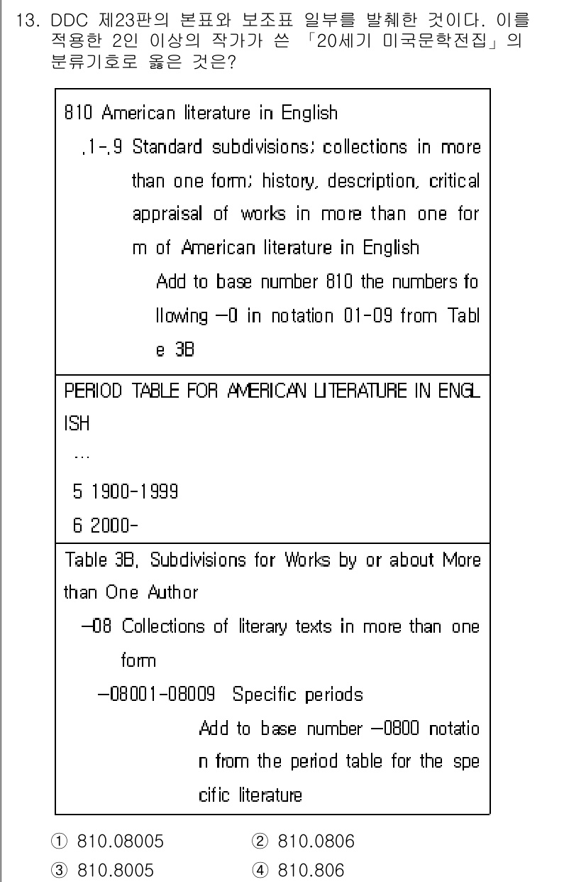 9급_지방직_공무원_자료조직개론 2025년 13번 - DDC(Dewey Decimal Classification)에서 "Ame... 에 관한 핵심 기출문제