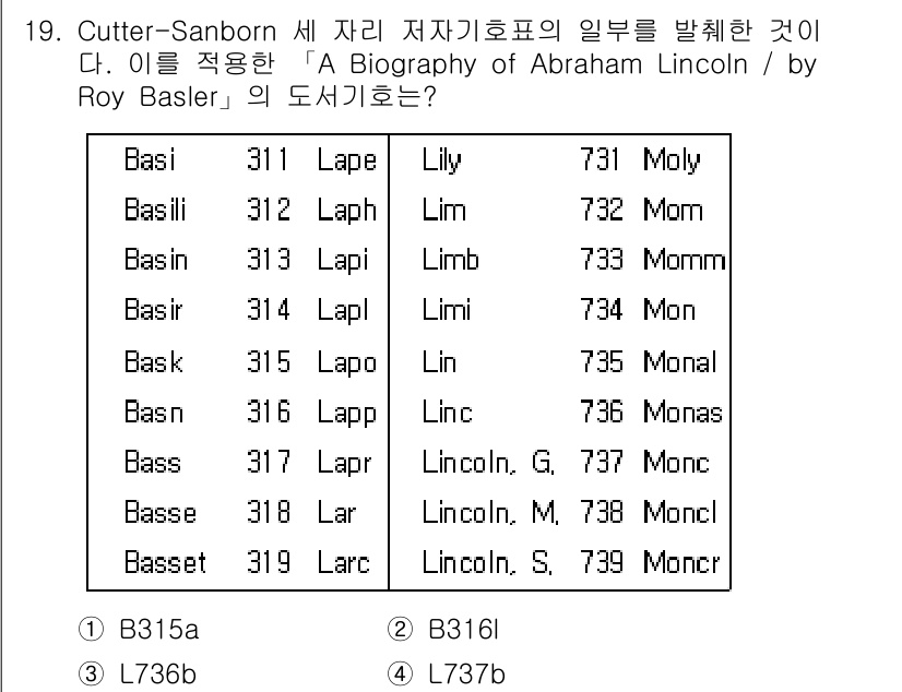 9급_지방직_공무원_자료조직개론 2025년 19번 - 정답은 3번, L373b입니다. Cutter-Sanborn 체계에서 'L... 에 관한 핵심 기출문제