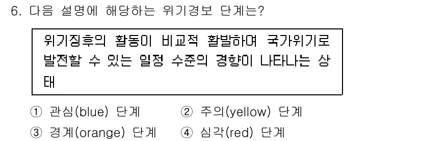 9급_지방직_공무원_재난관리론 2025년 6번 - 위기경보 단계에서 "위기징후의 활동이 비교적 활발하며 국가위기로 발전할 ... 에 관한 핵심 기출문제