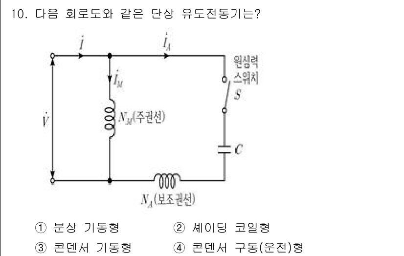 9급_지방직_공무원_전기기기 2025년 10번 - 정답은 3번 "콘덴서 기동형"입니다. 주어진 회로는 콘덴서를 이용하여 기... 에 관한 핵심 기출문제