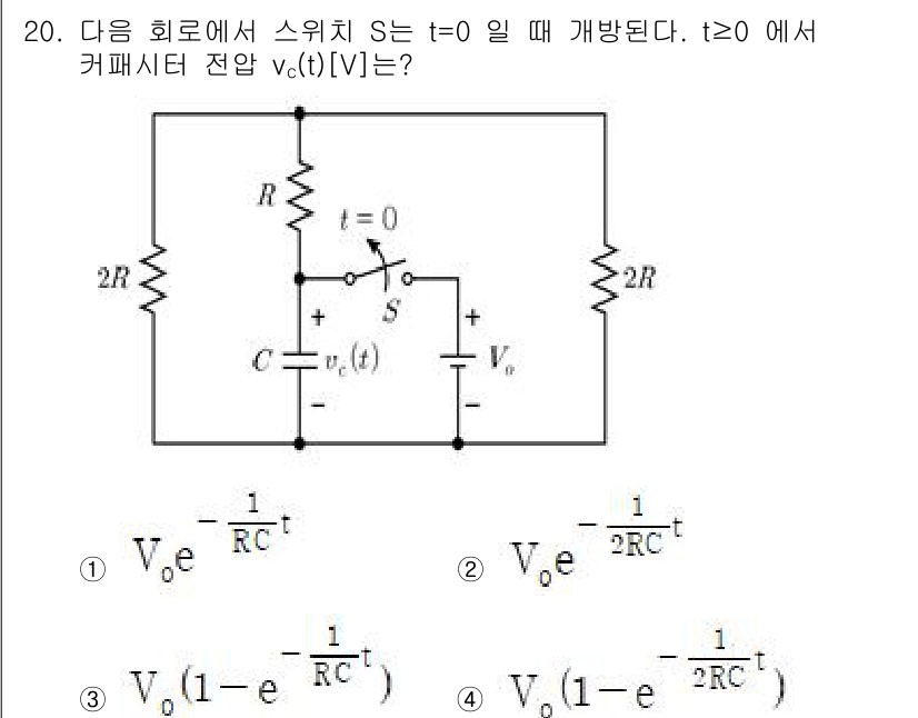 9급_지방직_공무원_전기이론 2025년 20번 - 해당 회로는 RC 회로로, 스위치가 t=0에서 열릴 때의 초기 전압과 저... 에 관한 핵심 기출문제