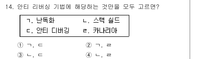 9급_지방직_공무원_정보보호론 2025년 14번 - 1. 안티 리버싱 기법은 소프트웨어의 역공학을 방지하는 기술로, 난독화는... 에 관한 핵심 기출문제