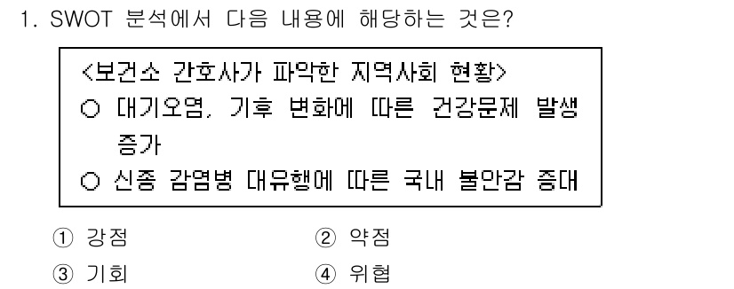 9급_지방직_공무원_지역사회간호학 2024년 1번 - SWOT 분석에서 '기회'는 외부 환경에서 발생하는 긍정적인 요소로, 지... 에 관한 핵심 기출문제