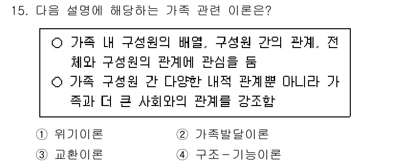9급_지방직_공무원_지역사회간호학 2024년 15번 - 가족 구성원의 관계는 개인 간의 연결뿐만 아니라 사회적 맥락에서도 중요한... 에 관한 핵심 기출문제