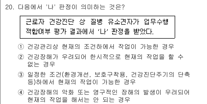 9급_지방직_공무원_지역사회간호학 2024년 20번 - ‘N’ 판정은 근로자가 건강진단에서 특정 질병이 발견되었지만, 업무를 수... 에 관한 핵심 기출문제