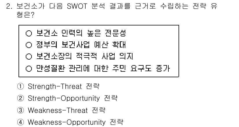 9급_지방직_공무원_지역사회간호학 2025년 2번 - 정답은 "정부의 보건서비스 예산 확대"로, 이는 기회(Opportunit... 에 관한 핵심 기출문제