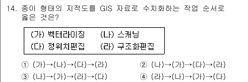 9급_지방직_공무원_지적전산학개론 2024년 14번 - 이 순서는 GIS 데이터의 수집에서 저장, 처리, 분석, 시각화까지의 흐... 에 관한 핵심 기출문제