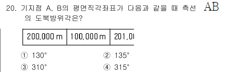 9급_지방직_공무원_지적측량 2024년 20번 - 정답은 4번, 315°입니다. 두 점 A와 B의 평면 직각좌표에서, 점 ... 에 관한 핵심 기출문제