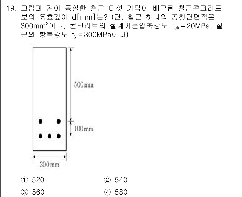 9급_지방직_공무원_토목설계 2024년 19번 - 주어진 조건에서 철근 콘크리트 보의 유효깊이(d)는 콘크리트의 압축 강도... 에 관한 핵심 기출문제