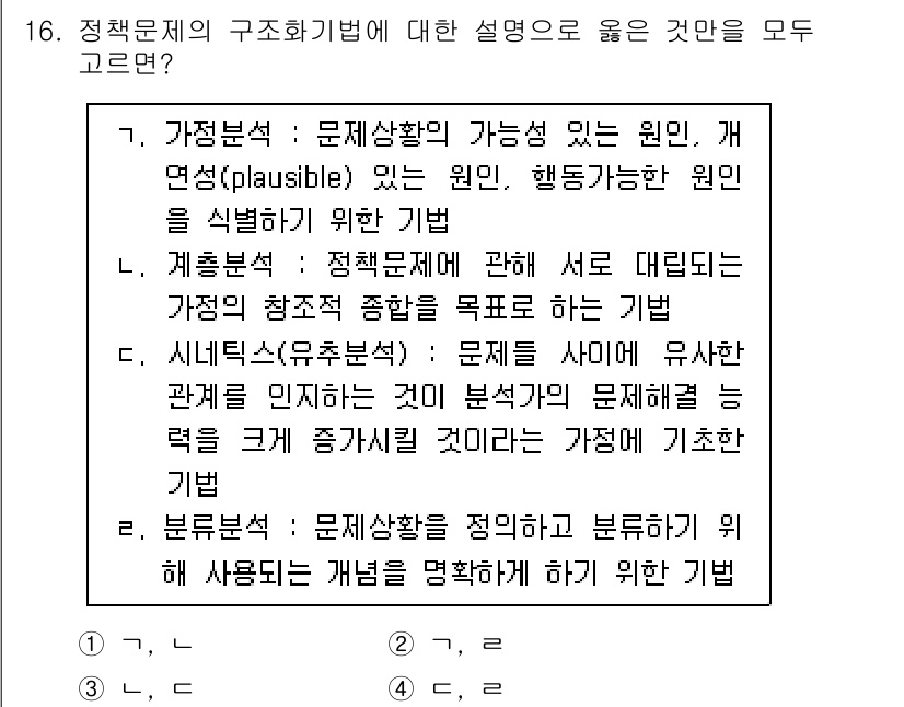 9급_지방직_공무원_행정학개론 2024년 16번 - 정답 4번은 정책 문제를 분석하기 위한 다양한 관점과 접근 방법을 강조합... 에 관한 핵심 기출문제