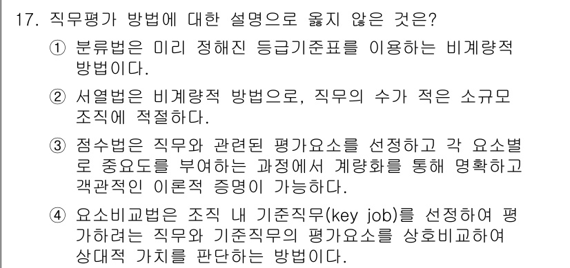 9급_지방직_공무원_행정학개론 2024년 17번 - 요약법은 직무의 핵심 기능을 정의하고 그에 따라 평가 기준을 설정하는 방... 에 관한 핵심 기출문제