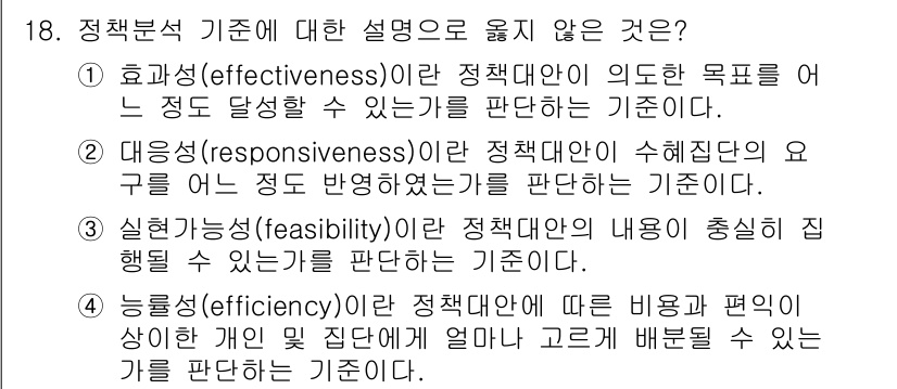 9급_지방직_공무원_행정학개론 2025년 18번 - 정책 분석 기준 중 "실현 가능성(feasibility)"은 정책이 실제... 에 관한 핵심 기출문제