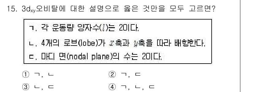 9급_지방직_공무원_화학 2025년 15번 - 2번이 정답인 이유는 3dxy 오비탈의 각 운동량 양자수 \( l \)는... 에 관한 핵심 기출문제