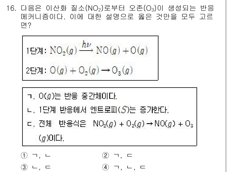 9급_지방직_공무원_화학공학일반 2025년 16번 - 주어진 반응에서 NO₂가 O₃를 생성하는 과정에서 NO가 생성되는 것을 ... 에 관한 핵심 기출문제