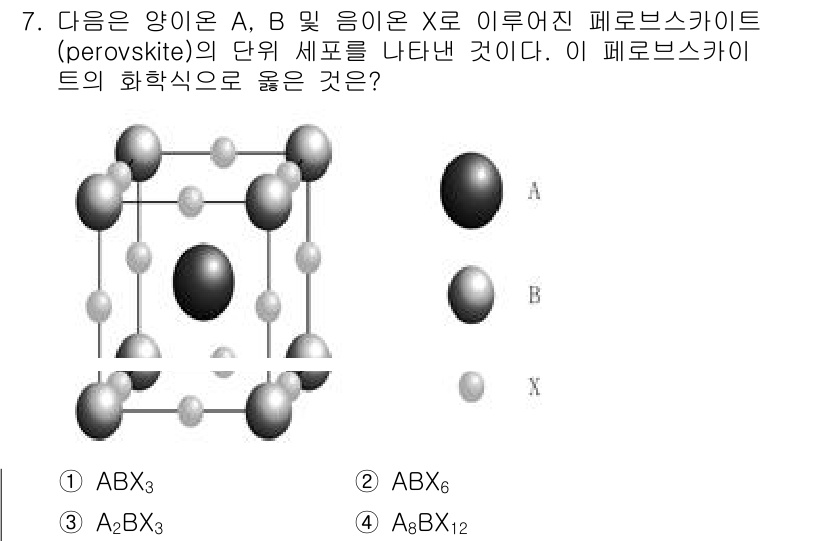 9급_지방직_공무원_화학공학일반 2025년 7번 - 페로브스카이트 구조는 일반적으로 A, B 두 가지 서로 다른 양이온과 X... 에 관한 핵심 기출문제