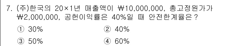 9급_지방직_공무원_회계학 2024년 7번 - 총자산에서 고정비용을 차감한 후 공헌이익률을 적용하여 안전한 매출액을 계... 에 관한 핵심 기출문제