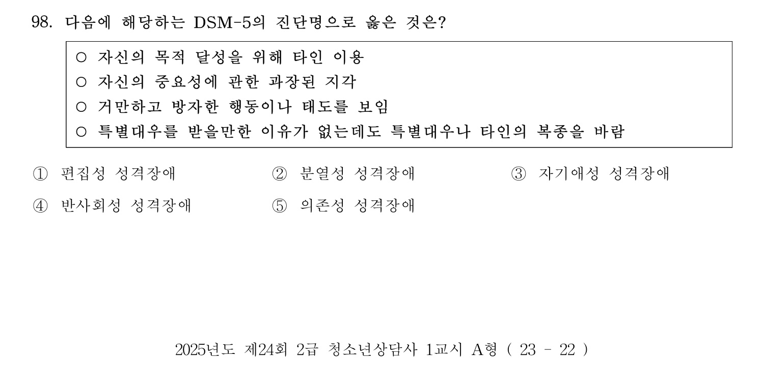 청소년상담사_1급(1교시) 2025년 98번 기출문제